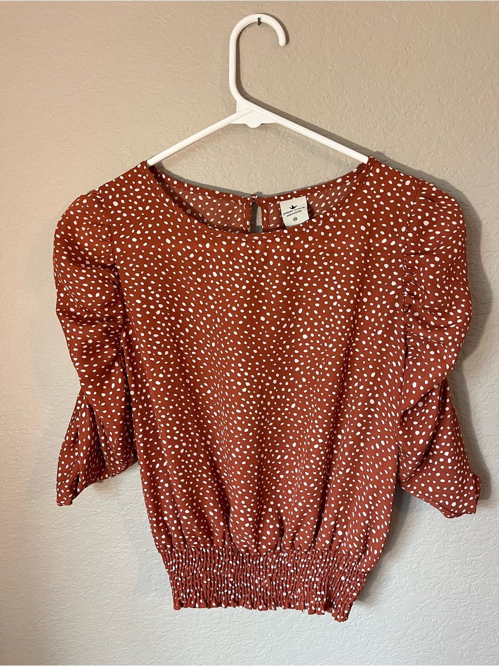 Paper Crane XS Rust Polka Dot Smocked Puff Sleeve Blouse Cottagecore Boho